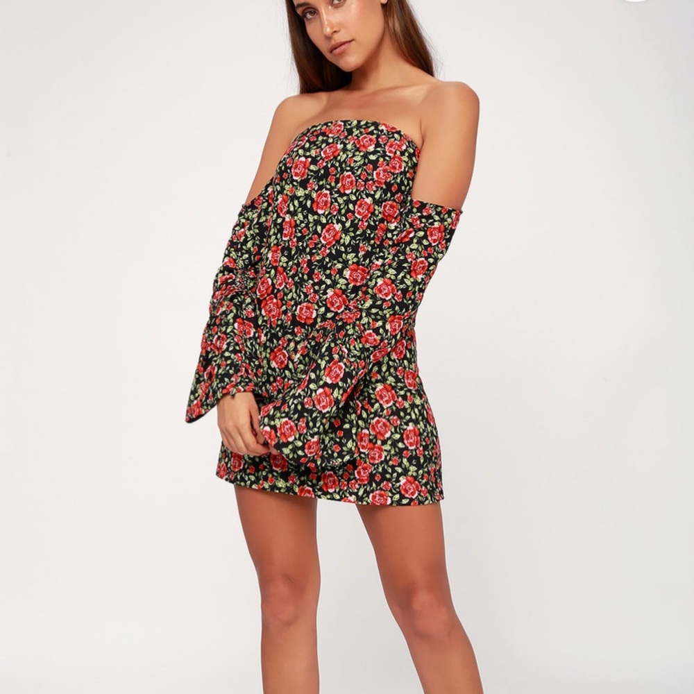 Floral Print Long Sleeve Off-the-Shoulder Dress